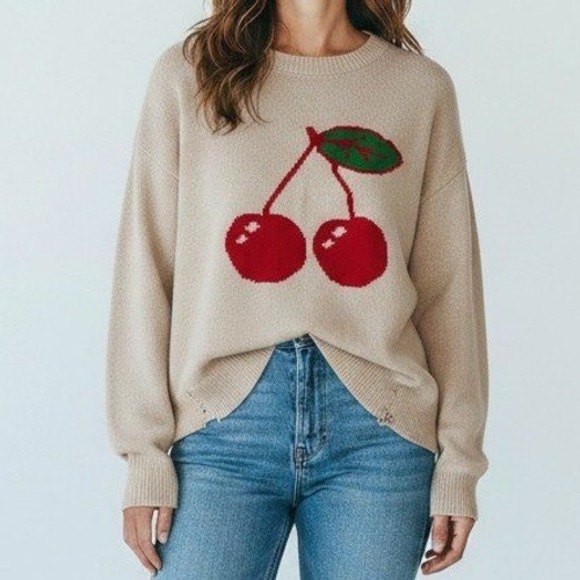 TALULAH Sweaters - Talulah Women Cherry Graphic Sweater Medium Beige Cotton Oversized Coquette